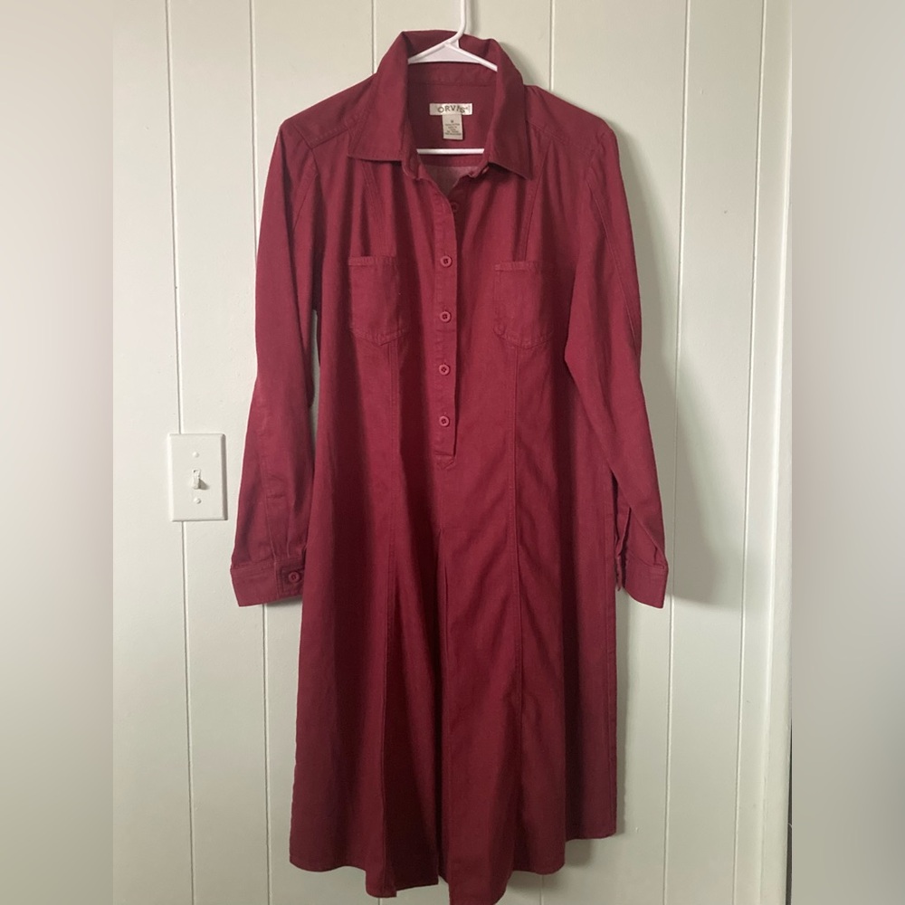 Orvis Womens SZ M Long Sleeve brick red Midi Dress 100% cotton Vintage